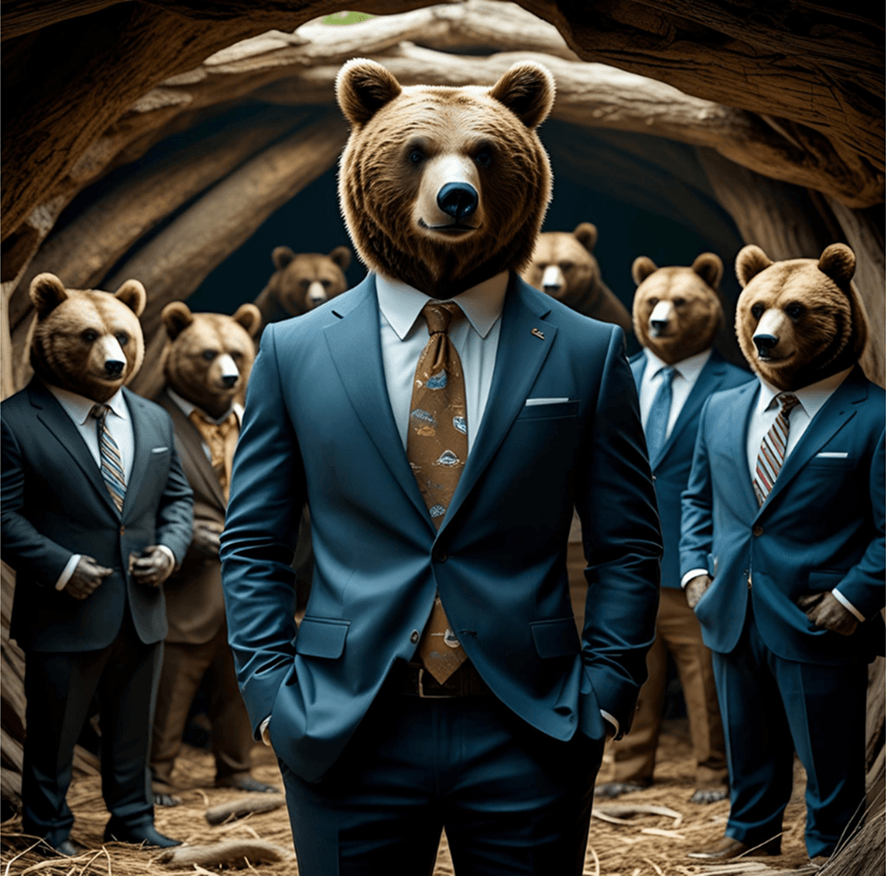 Professional team of bears in business suits representing Grizzly Webcraft's expert web development team